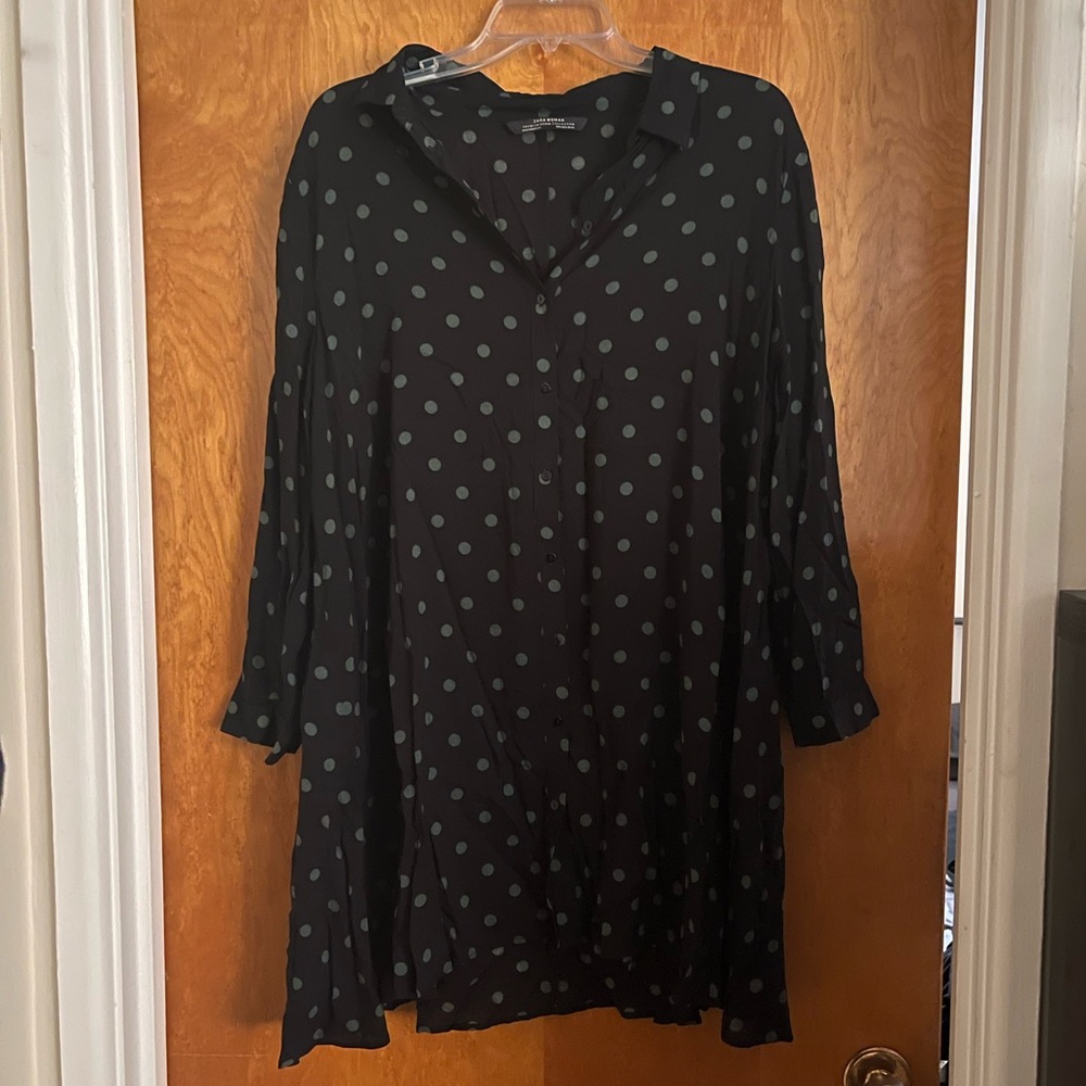 Zara Black/Green Polka Dot Print Dress Tunic size Medium
